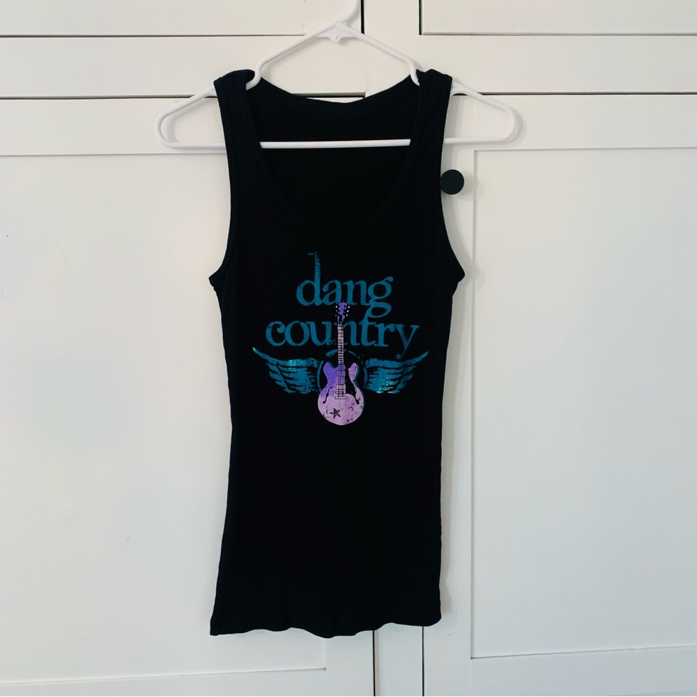 Dang Chicks Dang Country Black Ribbed Tank Top Guitar Print Size L Y2K